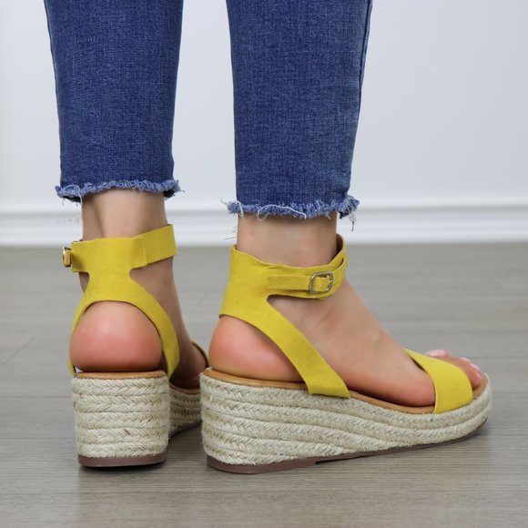 Yellow Open Toe Espadrille Wedge Sandals - Picture 4 of 8